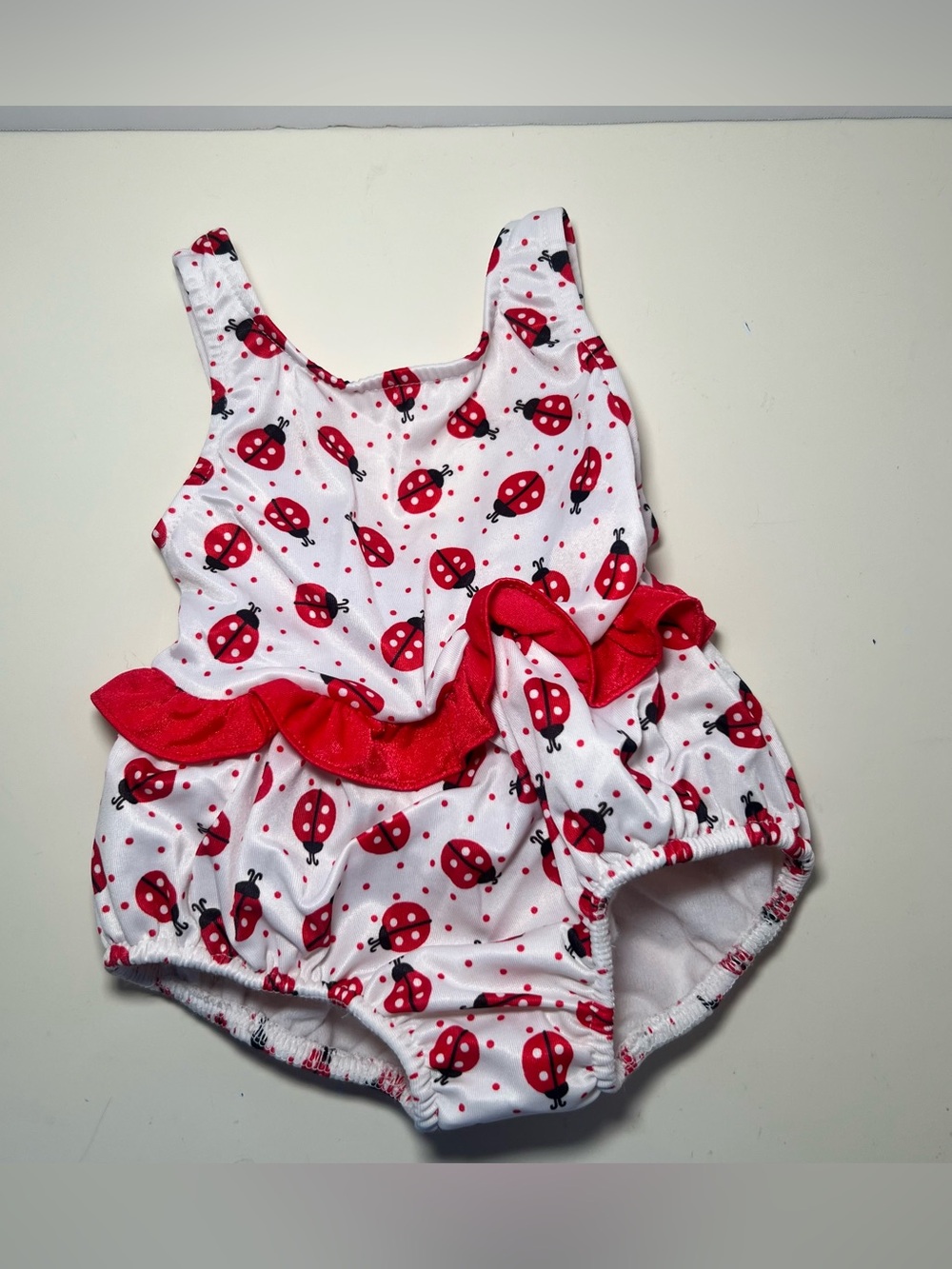 Vintage 90s Y2k Ladybug Ruffle Infant Toddler Swimsuit Scoop Back Cottage Granny